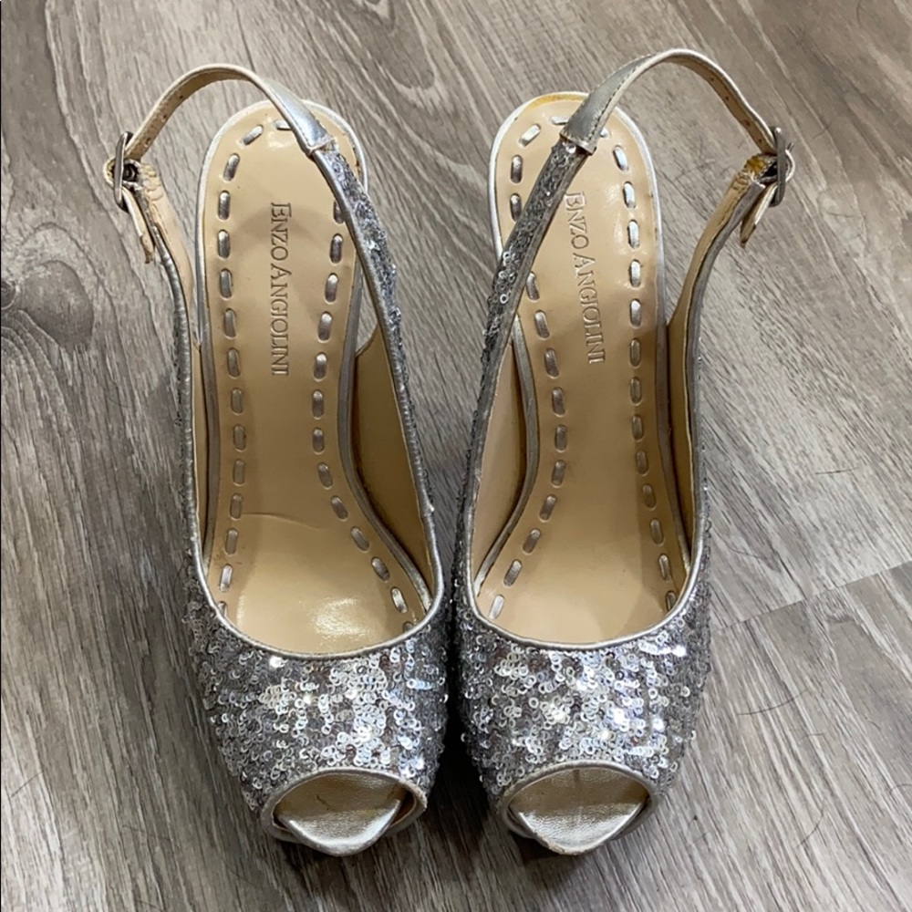 Enzo Angiolini Silver Sequin Heels